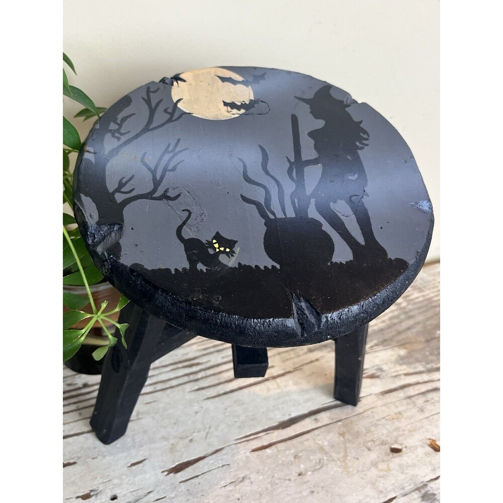 Vintage Halloween Witch & Cat Hand Painted Wooden Midnight Black Stool Whimsical